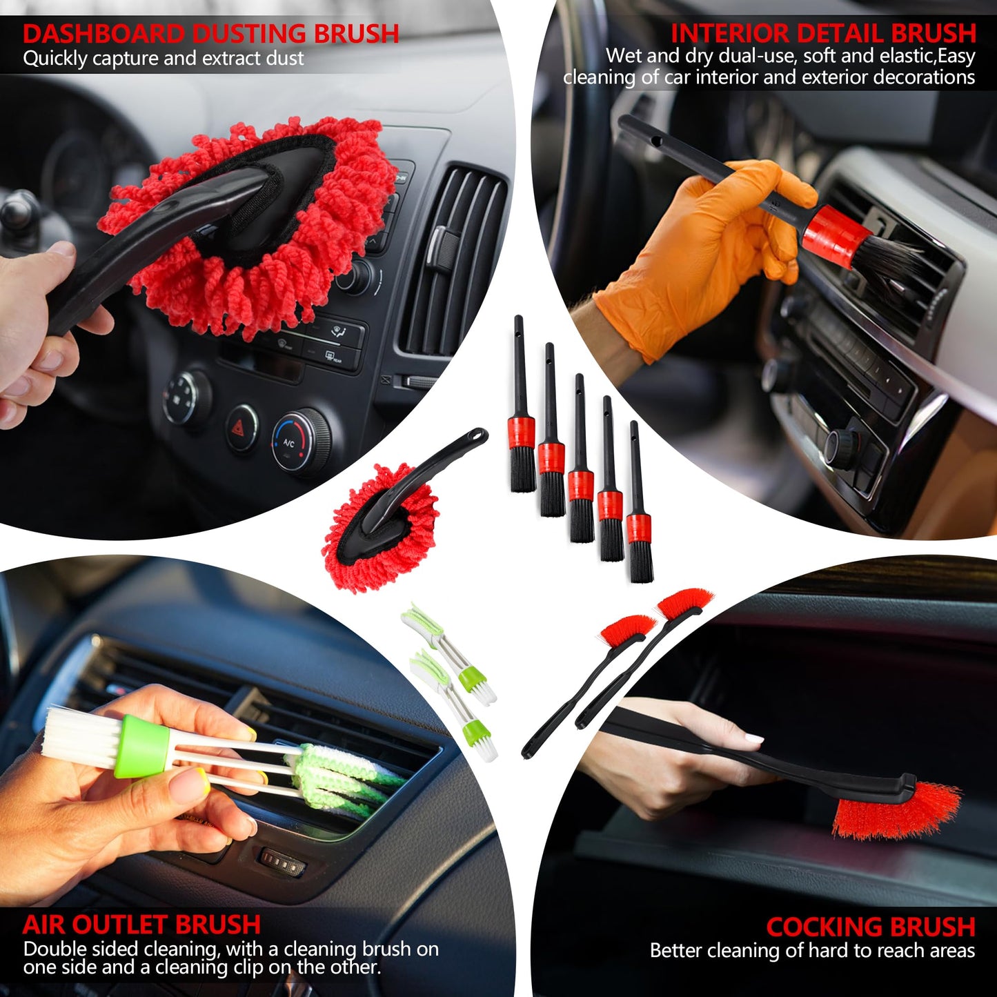 MIANYINGR 35Pcs Car Detailing Kit, Drill Brush Attachments with Detailing Brush Set and Tools Box, Red Auto Cleaning Kit Interior for Wheels, Dashboard, Windows (B：35PCS-R)