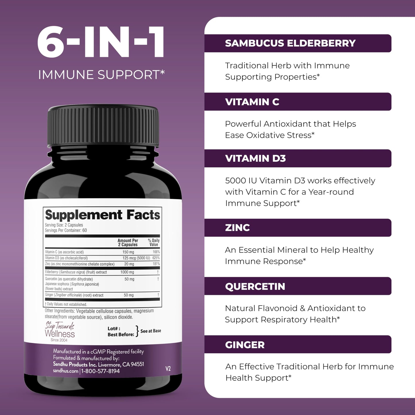 Elderberry Vitamin C and Zinc 120 Capsules | with Quercetin and Vitamin D3 | Immune Support for Adults | Herbal Supplement for Men and Women | 2 Months Supply | Natural Immunity Booster
