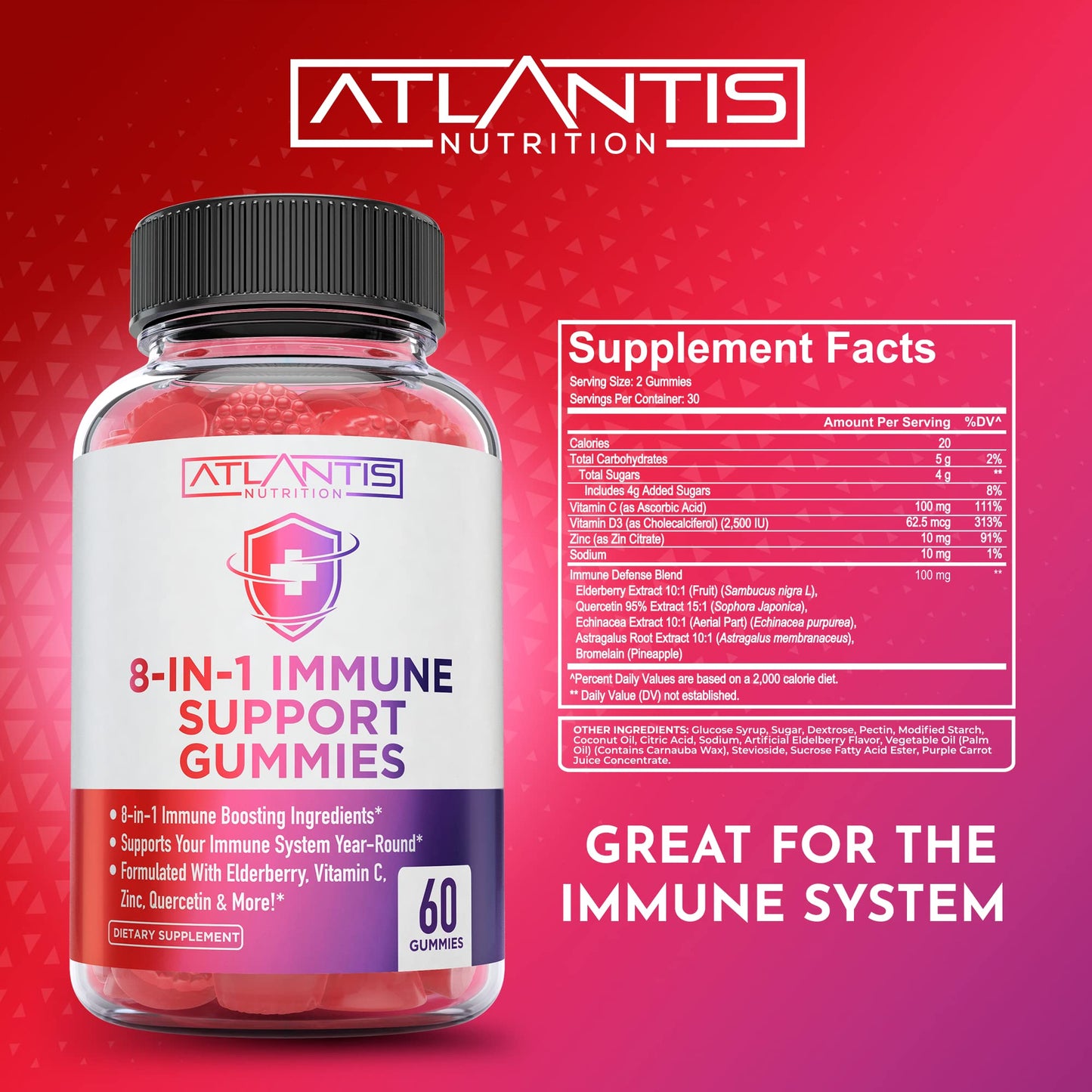 Atlantis Nutrition 8-in-1 Immune Support Gummies with Elderberry | Immune Supplement with Elderberry, Quercetin, Zinc, Vitamin C - Immunity Boosters for Adults & Kids - Delicious Flavor - 60 Count