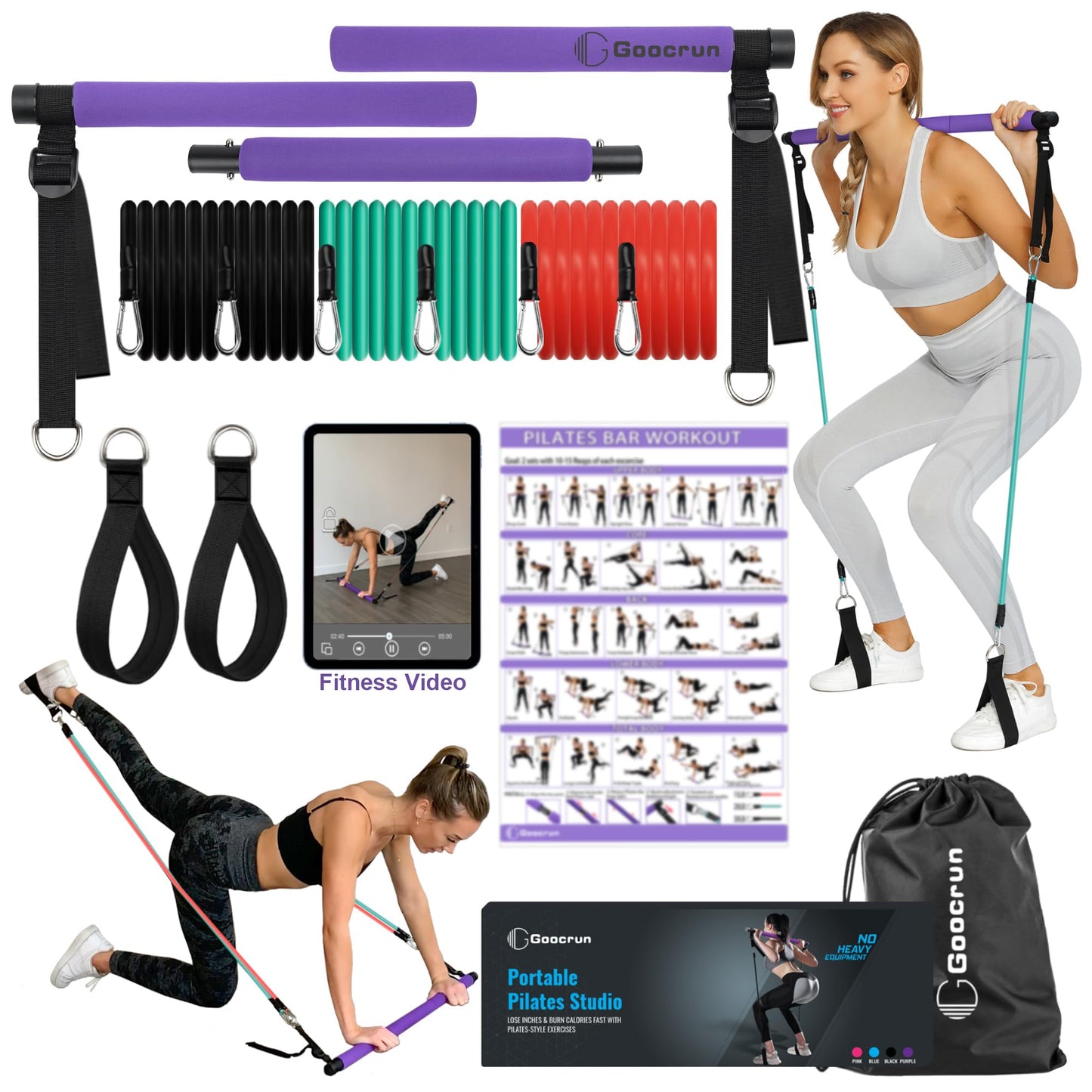 Goocrun Portable Pilates Bar Kit with Resistance Bands for Men and Women - Home Gym, Workout Kit for Body Toning – with Fitness Poster and Video