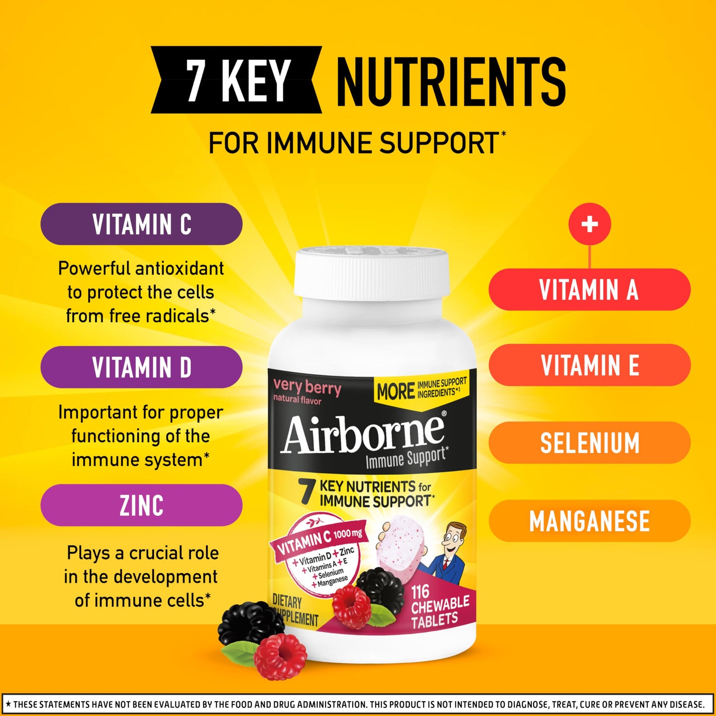 Airborne 1000mg Vitamin C with Vitamin D & Zinc, Multivitamin Immune Support Supplement, Antioxidants Vitamins A C & Vitamin E, 116 Chewable Tablets, Very Berry Flavor