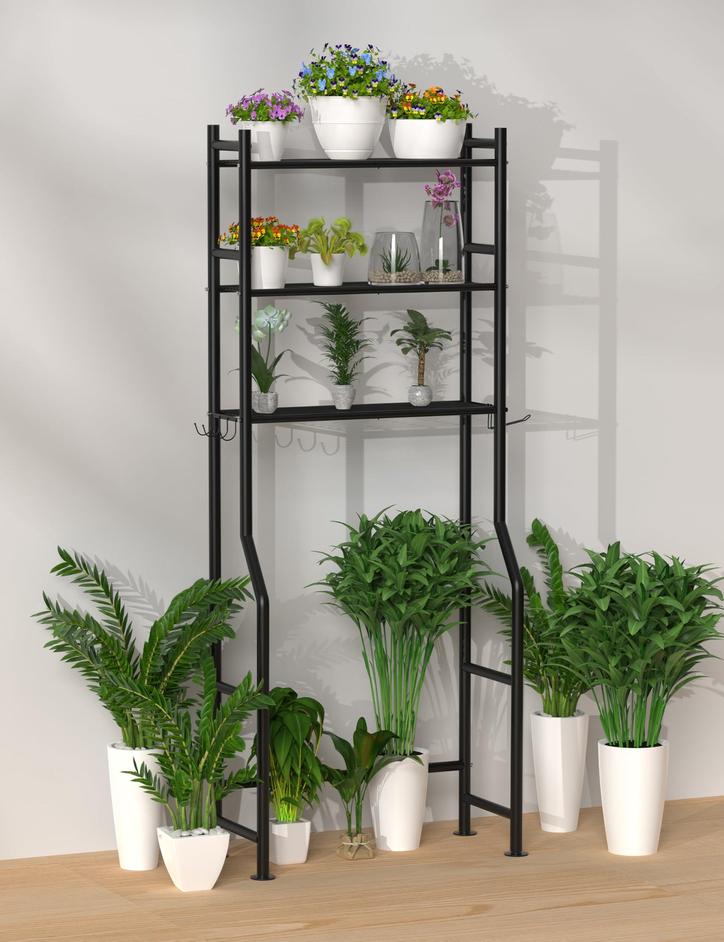 Livilord 3-Tier Over The Toilet Storage, Freestanding Metal Bathroom Shelves with 4 Hooks, Over Toilet Storage Shelf with Paper Holder, Above The Toilet Shelf for Bathroom Storage, Black