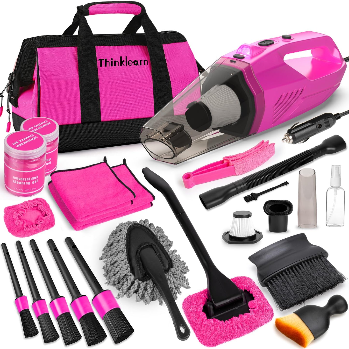 ThinkLearn Car Cleaning Kit, Car Vacuum Detailing Kit Interior with High Power Handheld Vacuum and 7Pcs Detailing Brush Set, Well-Designed Women's Pink Car Accessories Bag