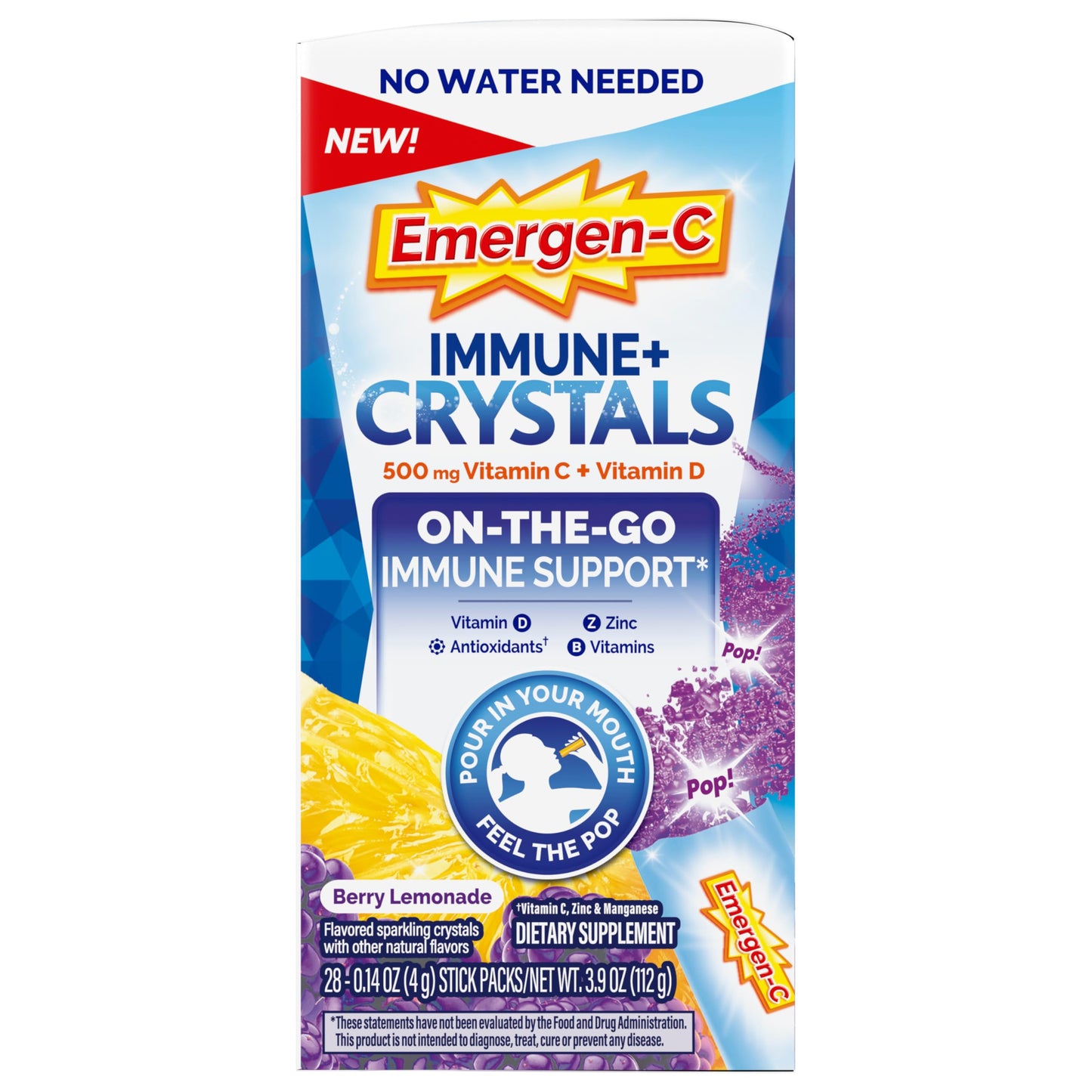 Emergen-C Immune Plus Crystals, On-The-Go Immune Support Supplement with Vitamin C, Vitamin D, B Vitamins, Zinc and Manganese, Berry Lemonade - 28 Stick Packs