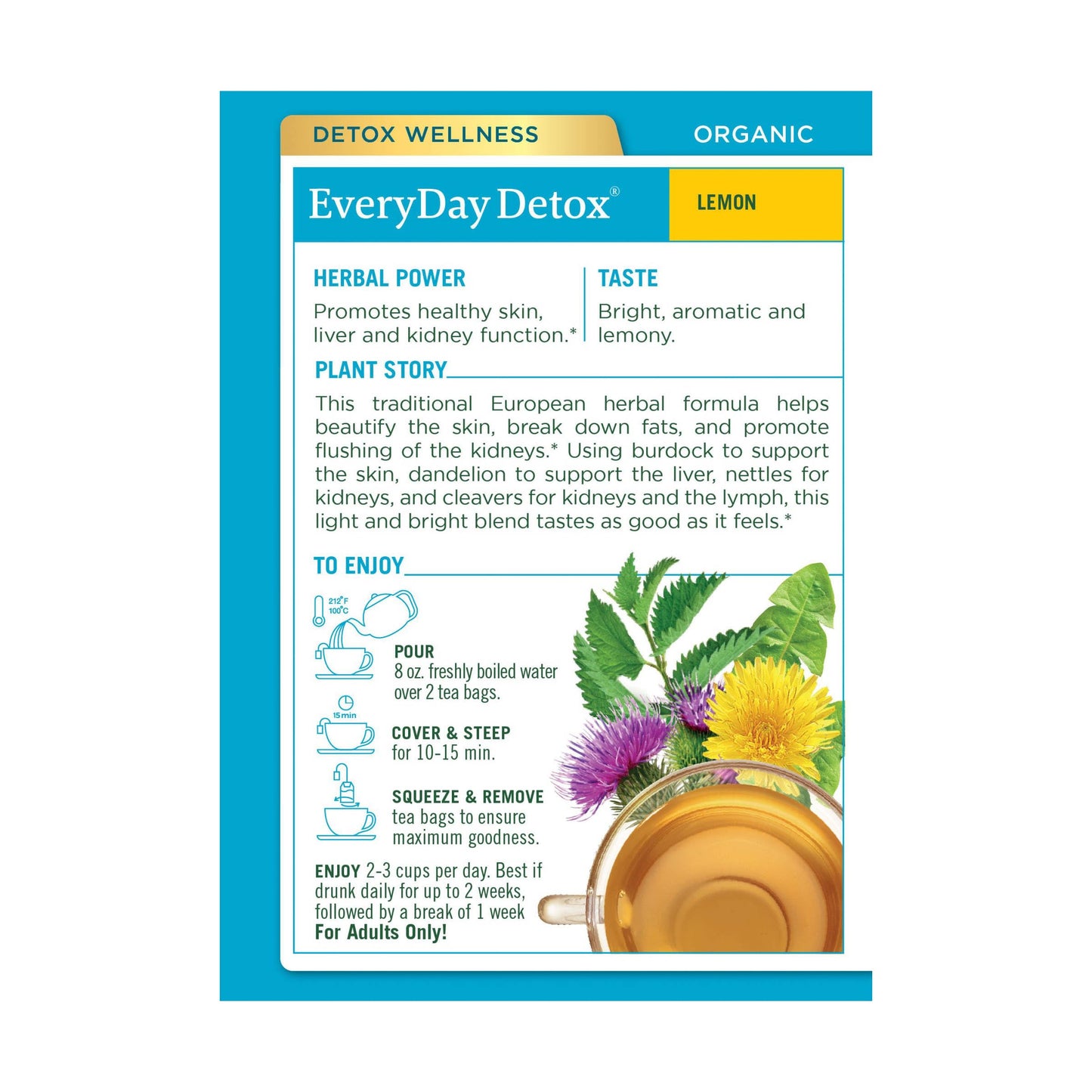 Traditional Medicinals Organic EveryDay Detox Lemon Herbal Tea, Supports Healthy Skin & Liver Function, (Pack of 1) - 16 Tea Bags