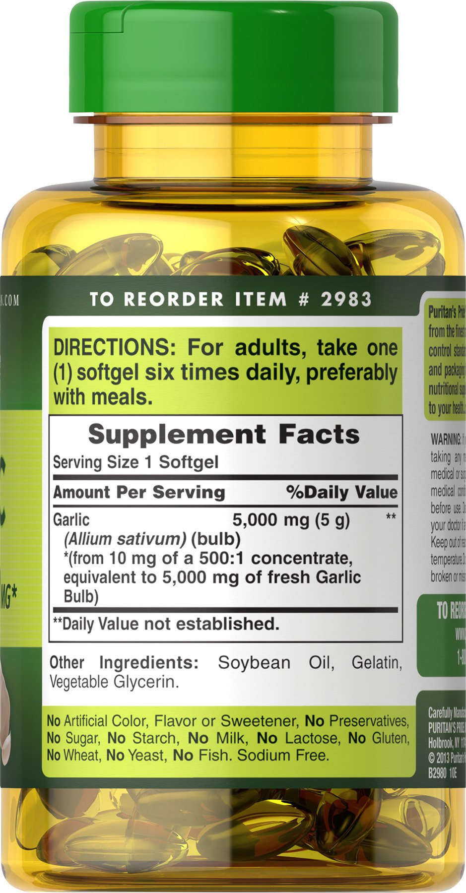 Puritan's Pride Premium Garlic Fresh 5000mg, Traditional Dietary Supplement for Heart Health and Circulation Support with Antioxidant Properties, 250 Rapid Release Softgels