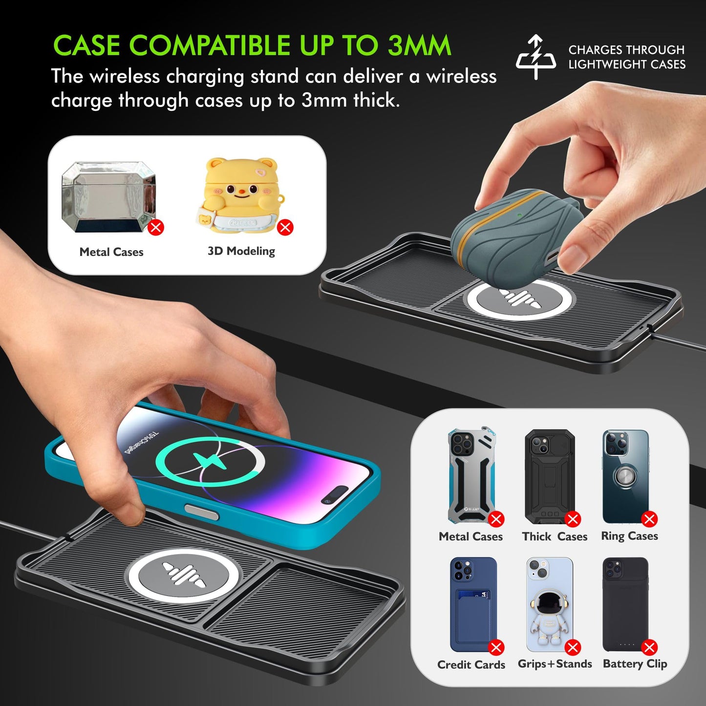 Wireless Car Charger, LANSEMKU Car Wireless Chargers Charging pad Non Slip 15w Fast Charger for Car Wireless Phone Charger for iPhone 16/15/14/13/12 Pro Max,Samsung S23 S22 S20 for Android, 30cm Cable