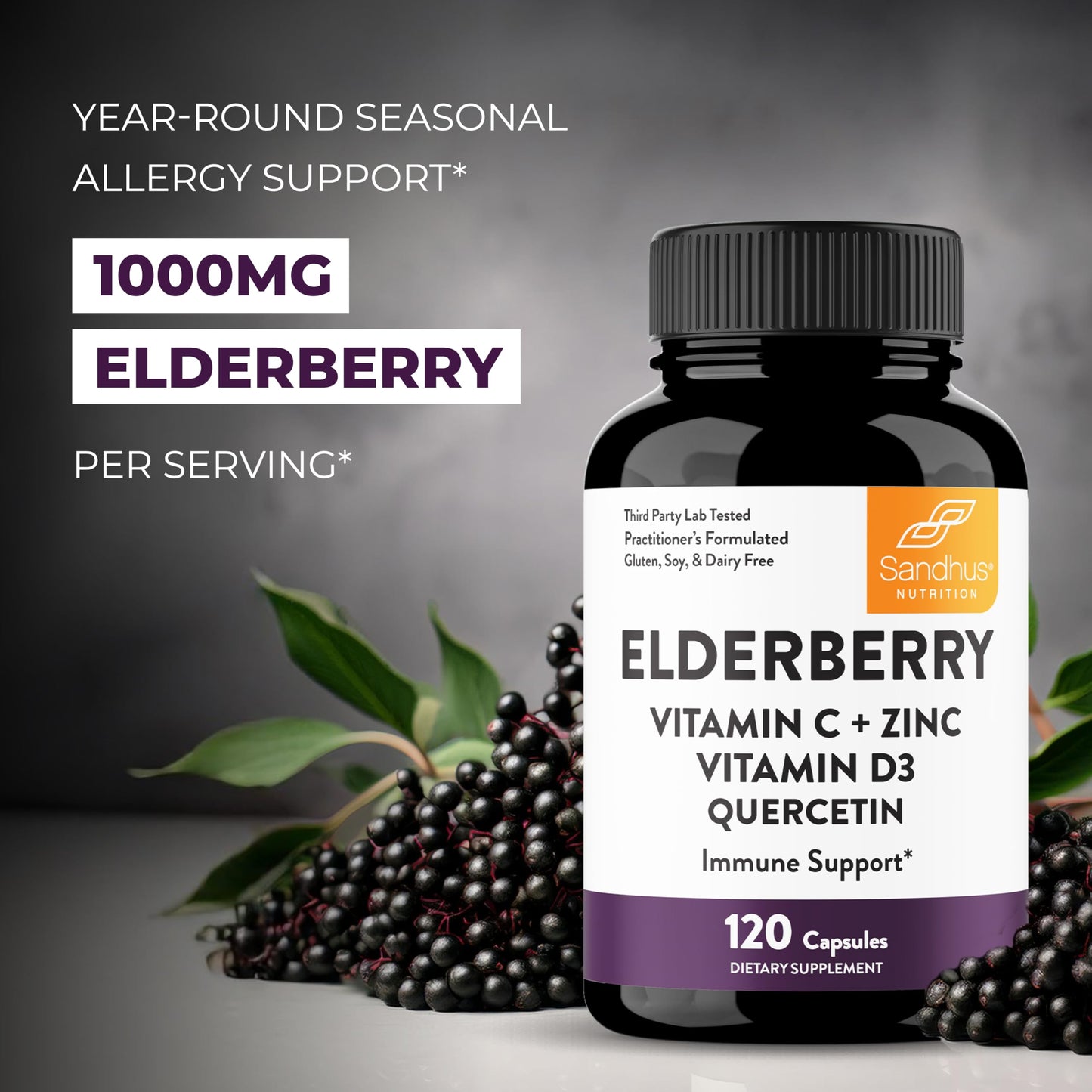 Elderberry Vitamin C and Zinc 120 Capsules | with Quercetin and Vitamin D3 | Immune Support for Adults | Herbal Supplement for Men and Women | 2 Months Supply | Natural Immunity Booster