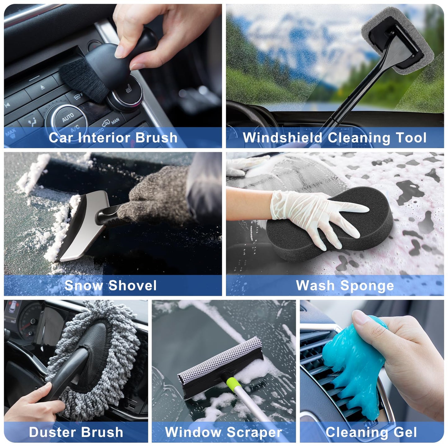 AUTODECO 42Pcs Car Wash Detailing Kit Cleaning Kits with Foam Gun Sprayer Wash Brush with Long Handle Collapsible Bucket Large Wash Mitt Towels Complete Interior Exterior Car Washing Supply Set Blue