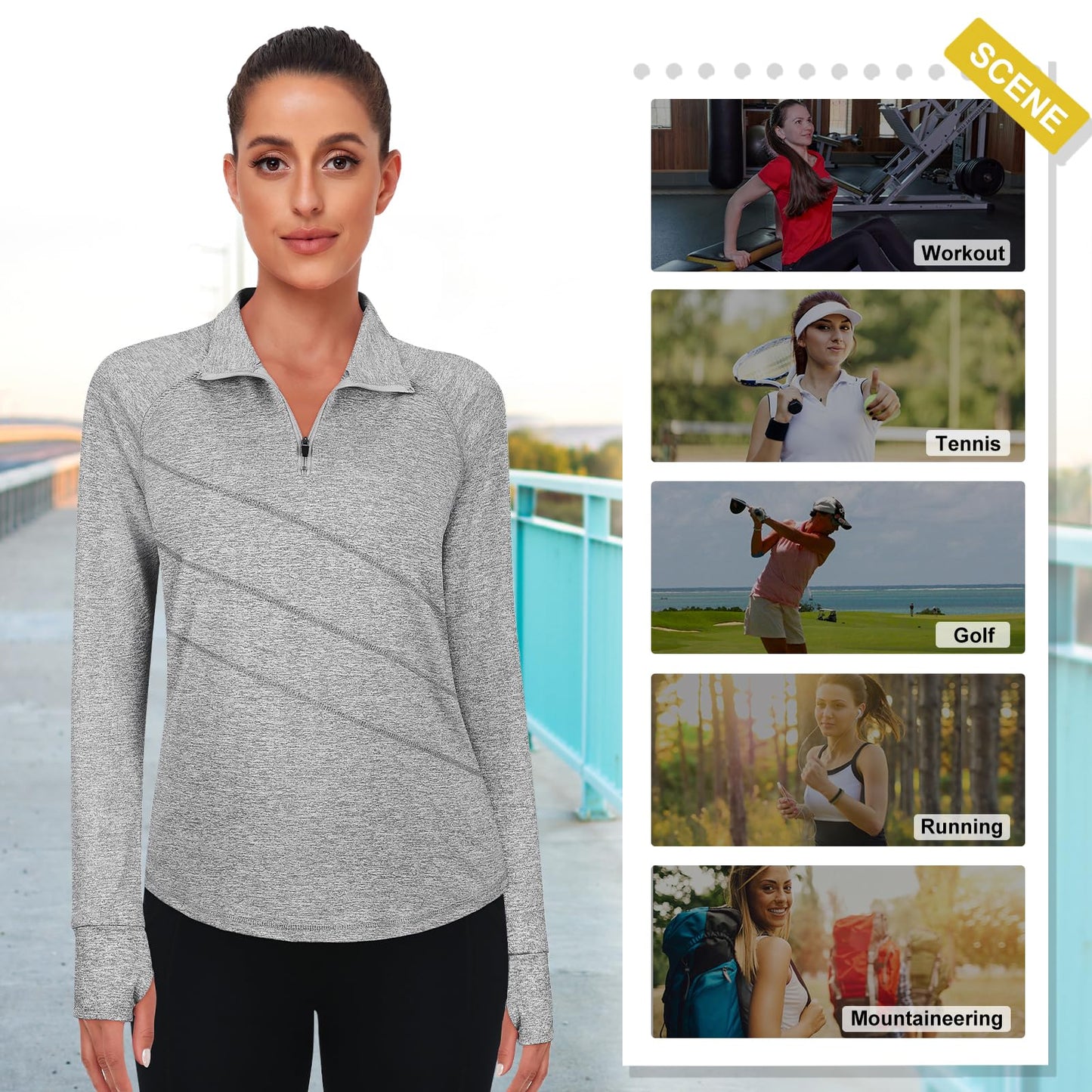 Women's Moisture Wicking Long Sleeve Zip Up O-Neck Thumbhole Gym Tops - Cucuchy Golf Yoga Fitness Apparel