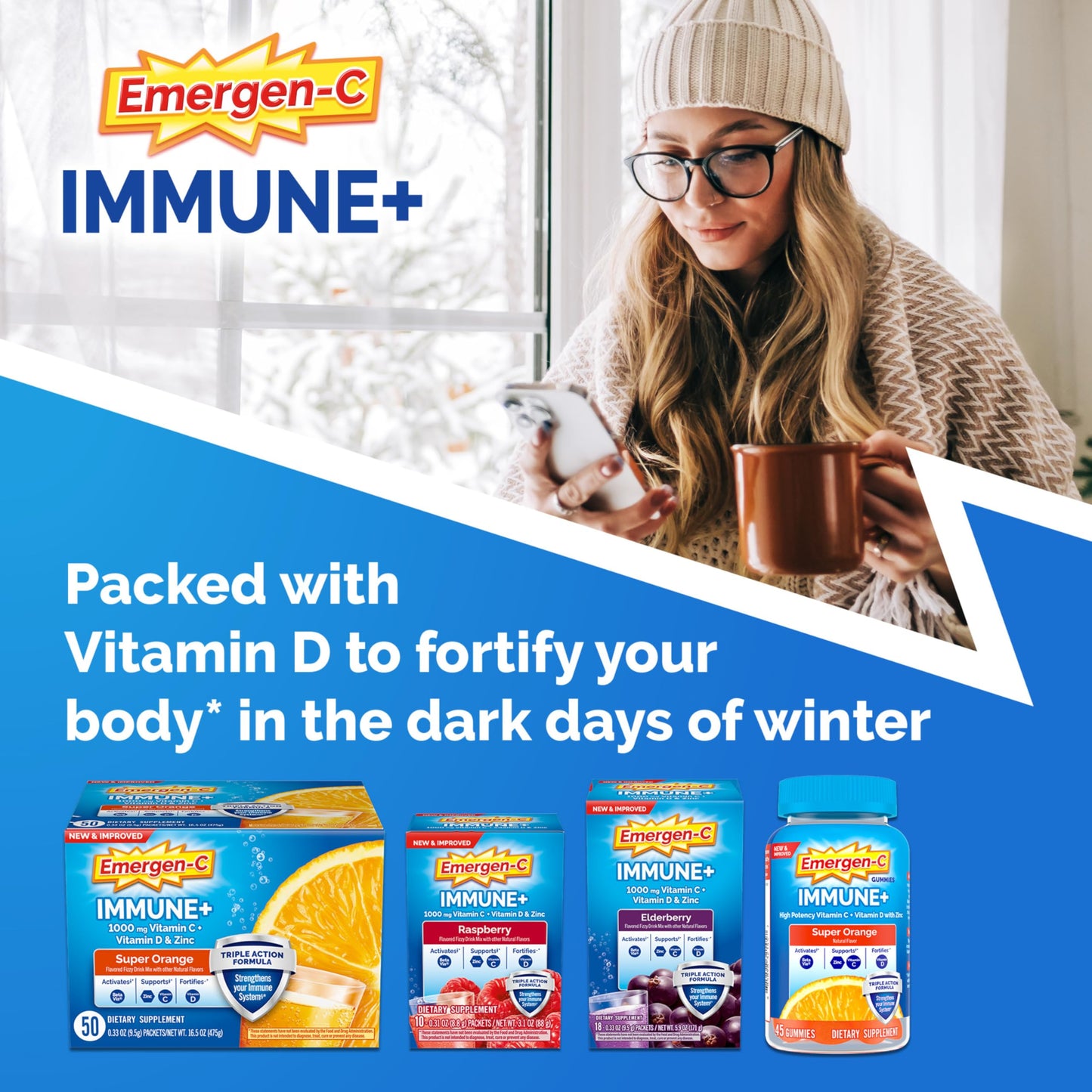 Emergen-C Immune+ Triple Action Immune Support Powder, BetaVia (R), 1000mg Vitamin C, B Vitamins, Vitamin D and Antioxidants, Super Orange – 30 Count (Pack of 1)
