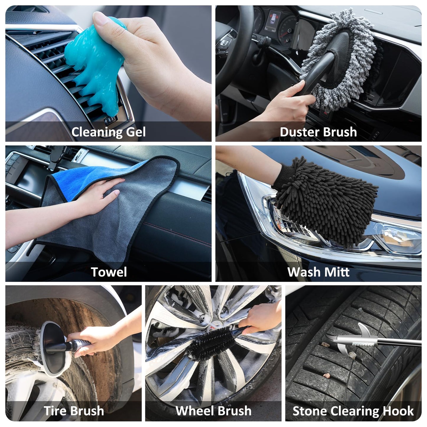 AUTODECO 44Pcs Car Wash Detailing Kit Cleaning Kits with Foam Gun Sprayer Wash Mop with Long Handle Collapsible Bucket Large Wash Mitt Towels Complete Interior Exterior Car Washing Supply Set Black
