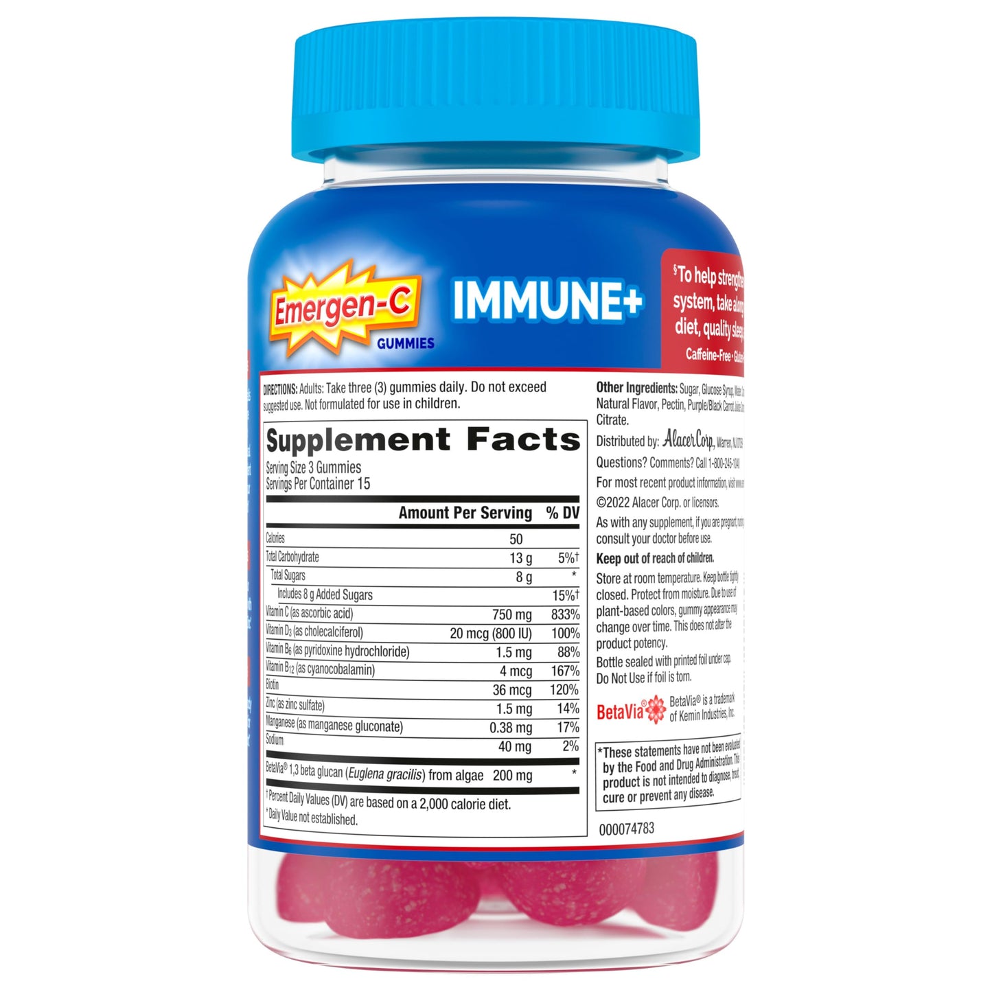 Emergen-C Immune+ Immune Gummies, Vitamin D Plus 750 mg Vitamin C, Immune Support Dietary Supplement, Caffeine Free, Gluten Free, Raspberry Flavor - 45 Count