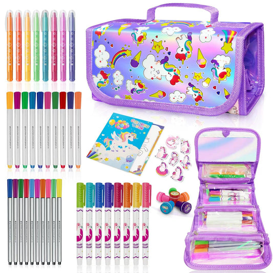 weirtoya Washable Fruit Scented Markers Set with Unicorn Pencil Case Stickers Stamps Coloring Book, STEM Toys Unicorns Gifts for Girls Birthday Gifts for Girls 4-9 Years
