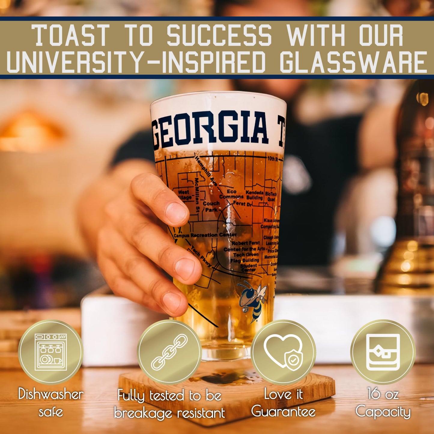 Greenline Goods Georgia Tech Pint Beer Glasses Set of 2 - Full Color Yellow Jackets Logo & Campus Map – Georgia Tech Gift Idea for College Grads & Alumni - College Glassware