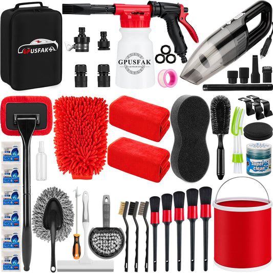 GPUSFAK 46Pcs Car Wash Cleaning Kit with Foam Gun Sprayer Detailing Brushes Car Vacuum Collapsible Bucket Windshield Cleaning Tool Tire Brush Towels Complete Interior Exterior Detailing Set for Car