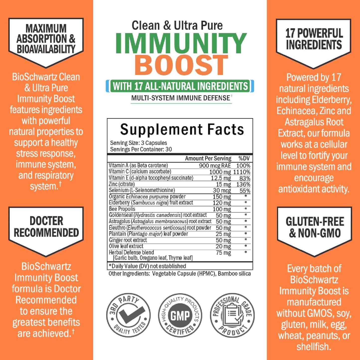 BioSchwartz Immune Support Supplement - Vitamin C with Zinc Elderberry Extract Ginger Bee Propolis Beta Carotenes, Immunity Boost for Adults, Immune Defense Antioxidant Vitamins, 90 Capsules