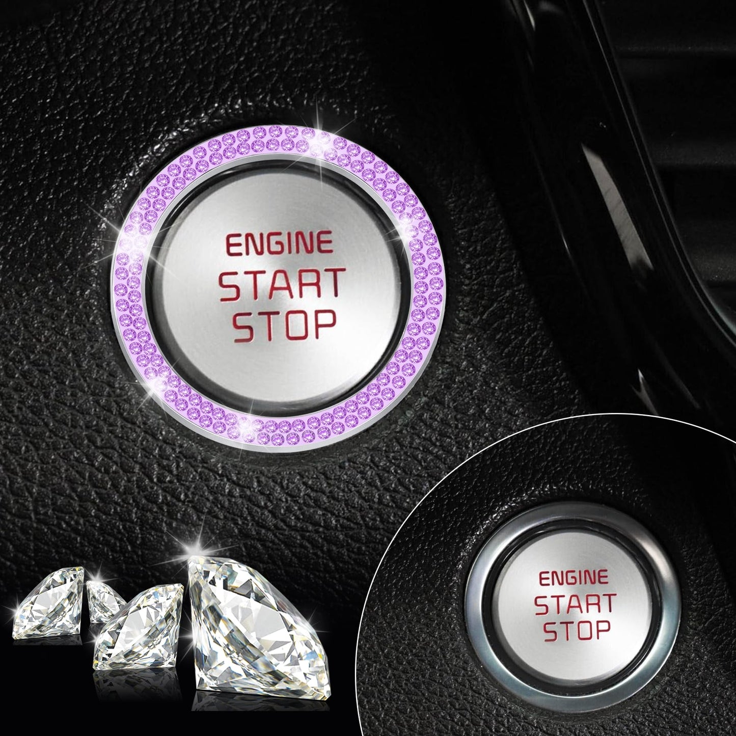 LivTee 2 PCS Crystal Double Rhinestone Car Engine Start Stop Decoration Ring, Bling Car Interior Accessories for Women, Push to Start Button Cover/Sticker, Key Ignition & Knob Bling Ring, Purple