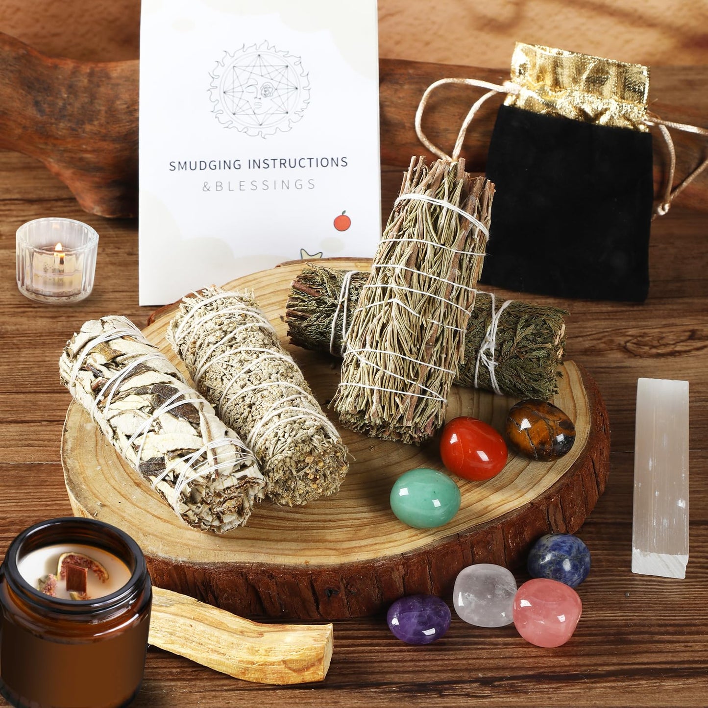 Sage Smudge Kit for Home Cleansing - Stress Relief Sage Kit, Smudge Sticks 4" Long, Smudging kit with Healing Crystals for Cleansing Negative Energy