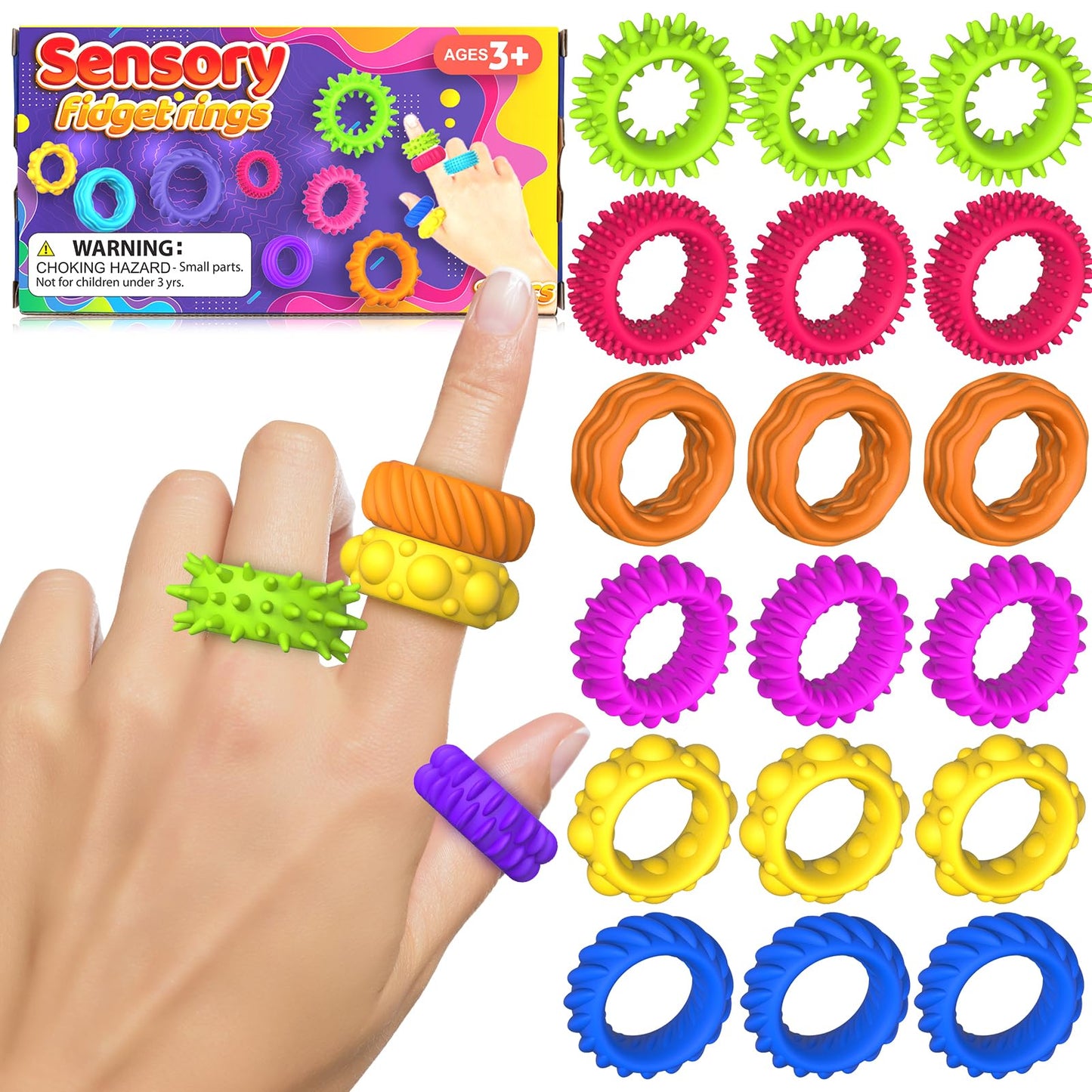 Fidget Toys Kids Sensory Rings: Fidget Ring Sensory Toys for Kids with Autism - Quiet Anxiety Fidgets for Classroom 18 Pack