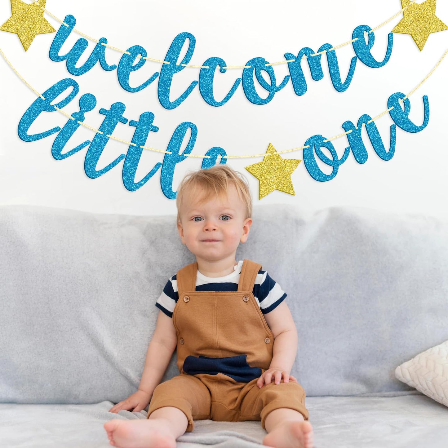Welcome Little One Glitter Banner, Pre-strung Baby Shower Banner, Gender Reveal Party Decor (Blue)