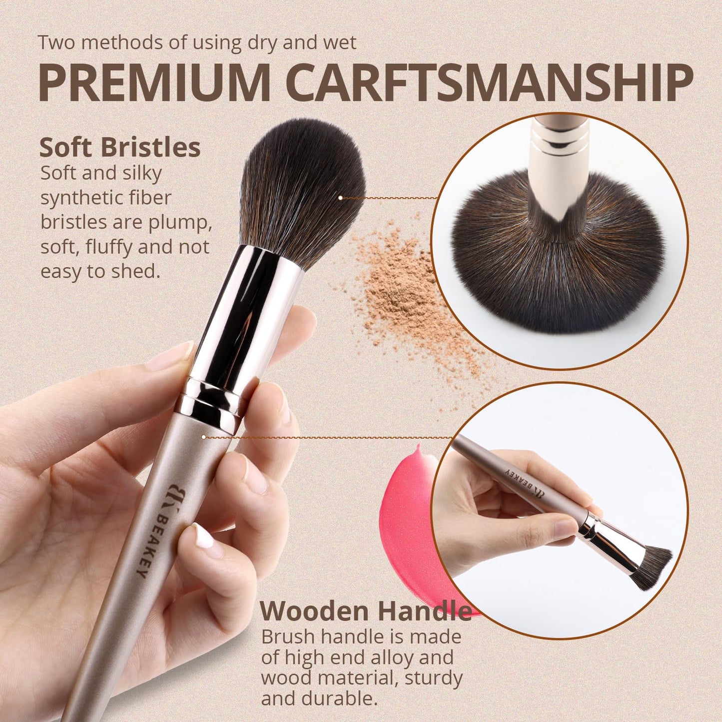 BEAKEY Vegan Makeup Brush Set: Soft Synthetic Brushes for Foundation & Eyeshadow, High-Density, Precise, Easy to Clean, Durable Handles
