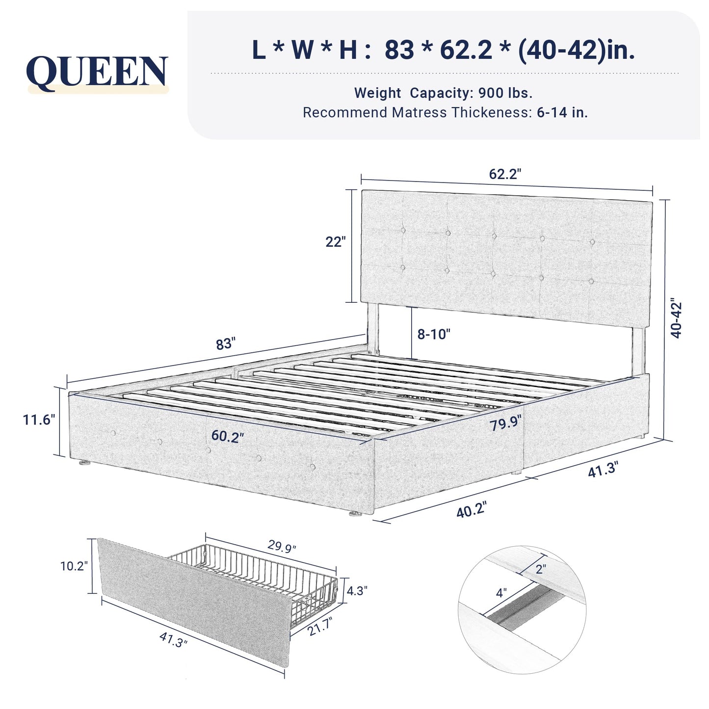 Allewie Upholstered Queen Size Platform Bed Frame with 4 Storage Drawers and Headboard, Square Stitched Button Tufted, Mattress Foundation with Wooden Slats Support, No Box Spring Needed, Light Grey