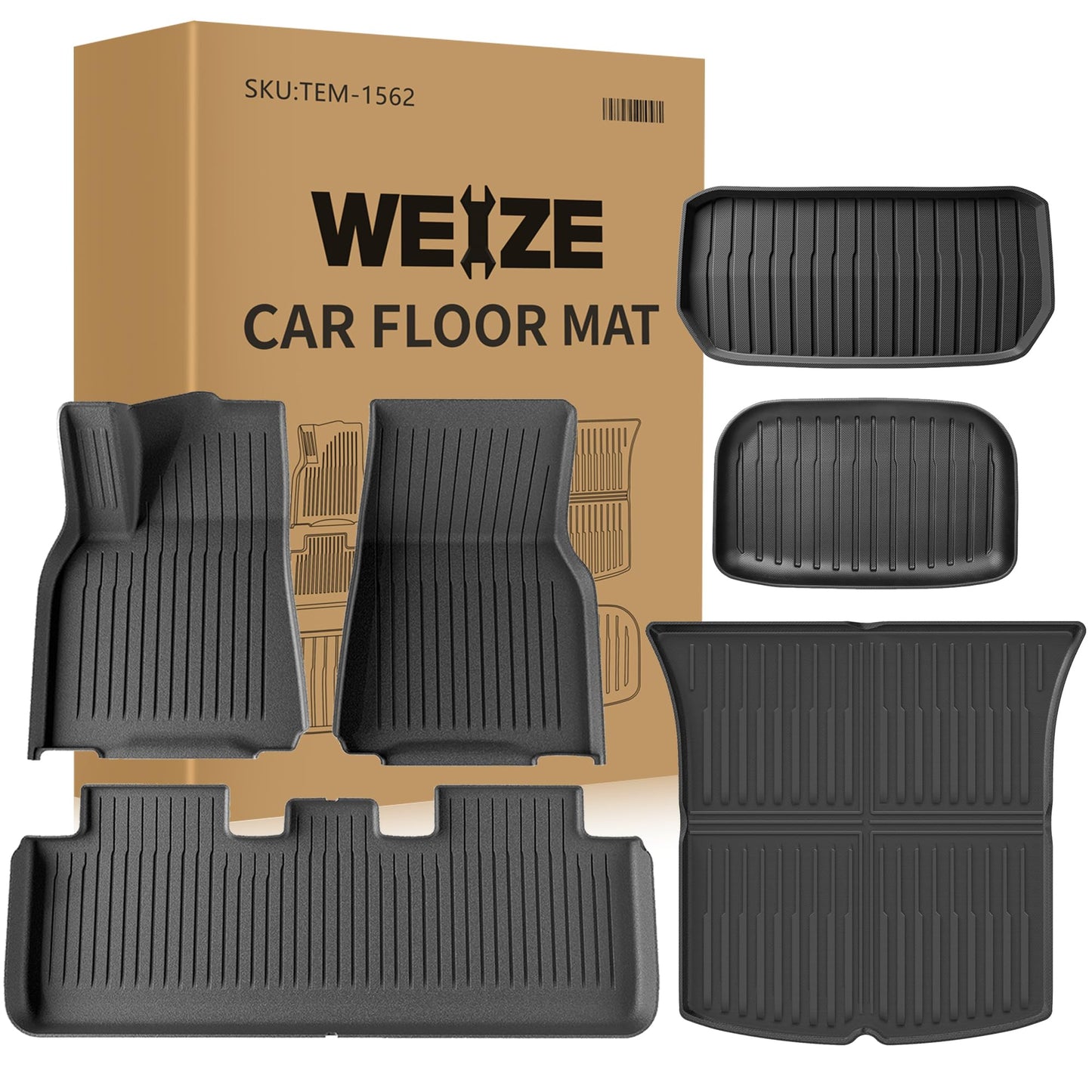 Weize Floor Mats & Cargo Liners Fits Tesla Model Y 5-Seat 2021-2024 2025 All Weather TPE Floor Mats and Cargo Trunk Mats Accessories, Set of 6 Mats (Not Fit 7-Seat)