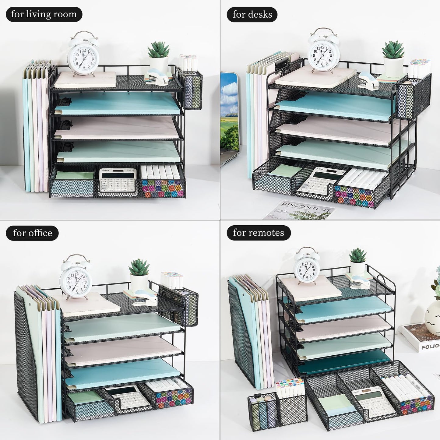 Youbetia Paper Tray Organizer with Mesh File Holder, 5 Tier Desk Accessories & Workspace Desk Organizers with Pen Holder, Office Desk Accessories Desktop Organization for Office Supplies (Black)