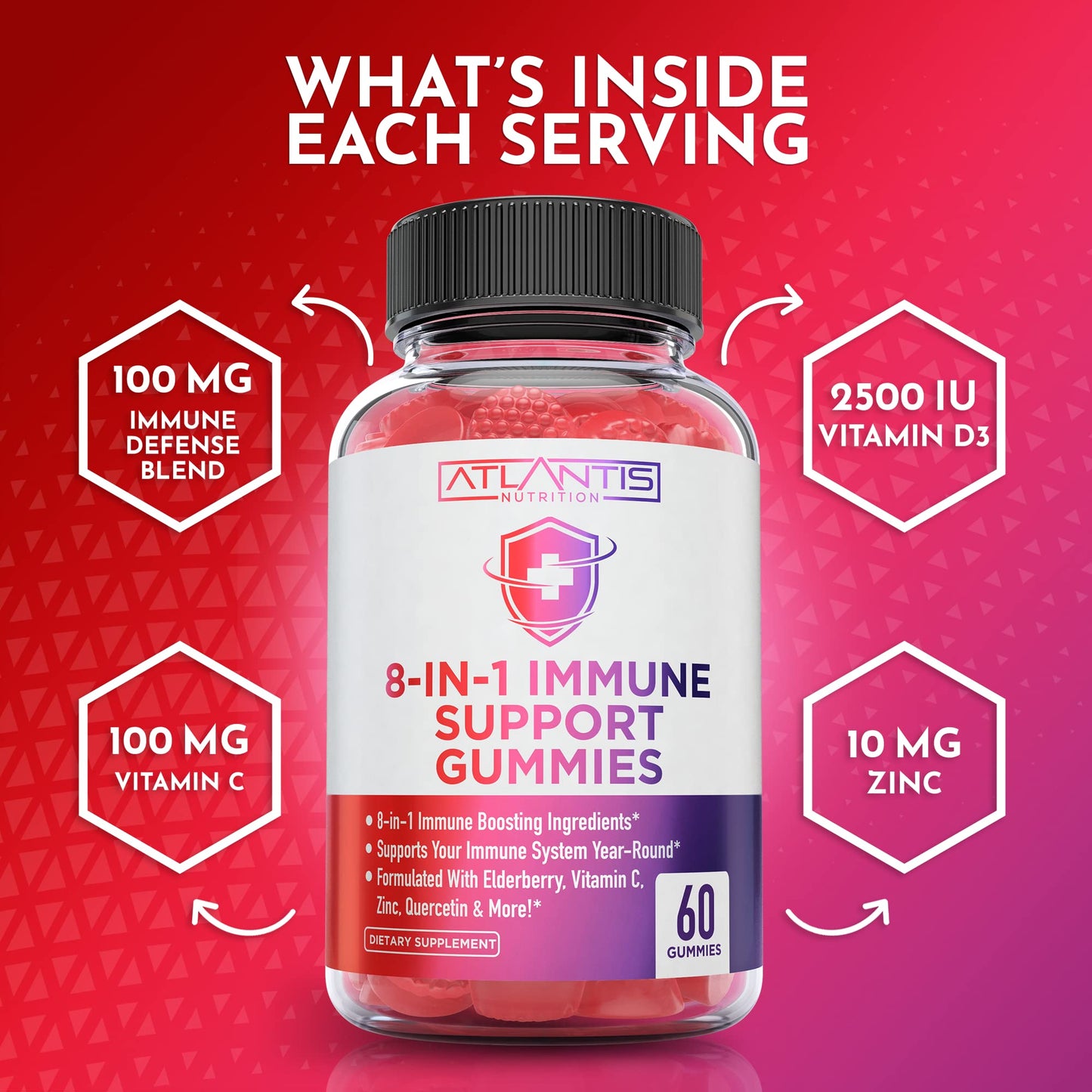 Atlantis Nutrition 8-in-1 Immune Support Gummies with Elderberry | Immune Supplement with Elderberry, Quercetin, Zinc, Vitamin C - Immunity Boosters for Adults & Kids - Delicious Flavor - 60 Count