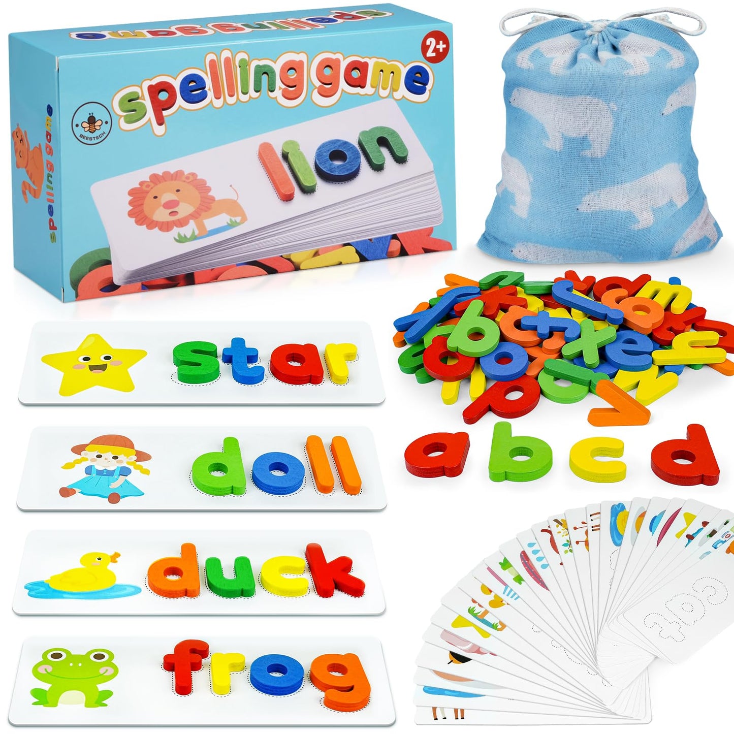 BEESTECH Alphabet ABC Learning Educational Toys for 2 3 4 5 Years Old Boys Girls, Wooden Puzzle Flash Cards Preschool Activity Letter Matching Games for Kids Toddlers