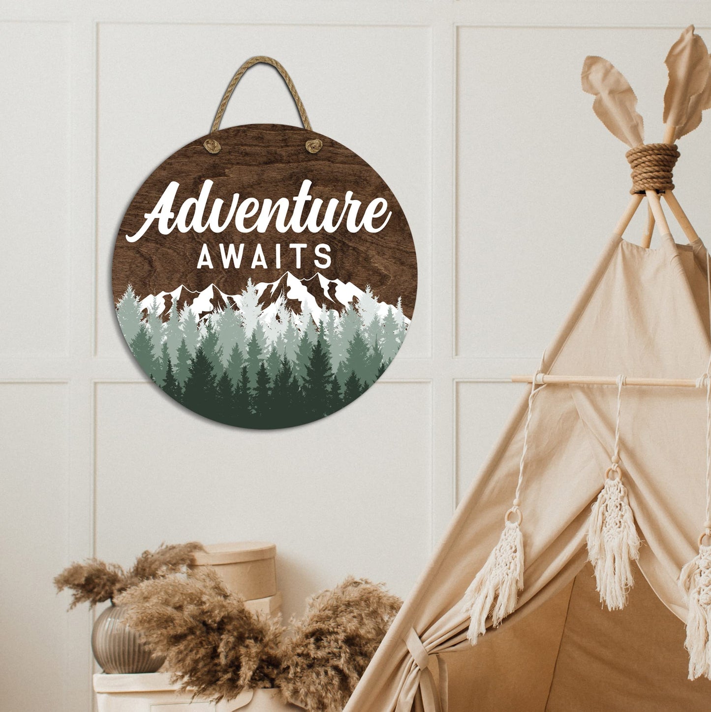Adventure Awaits Hanging Wall Sign, 12" Wood Round, Green Trees Brown Background, Rustic Home Decor, Woodland Baby Shower Decorations,Hickory Hollow Designs (Adventure Awaits (Dark Walnut))