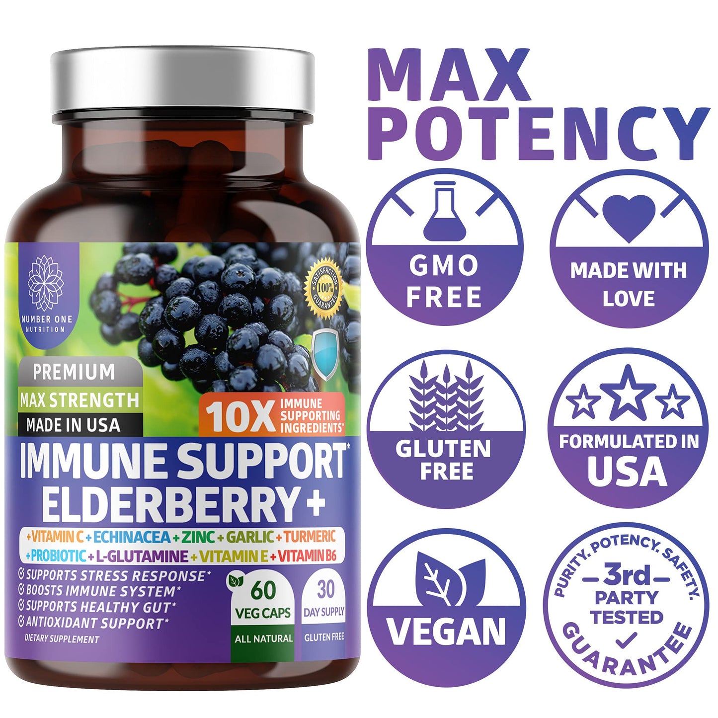 N1N Premium 10 in 1 Immune Support Booster [10 Potent Ingredients] with Elderberry, Vitamin C, Echinacea, Zinc, Turmeric and Probiotic for Immune Support, Gut Health and Better Digestion, 60 Veg Caps