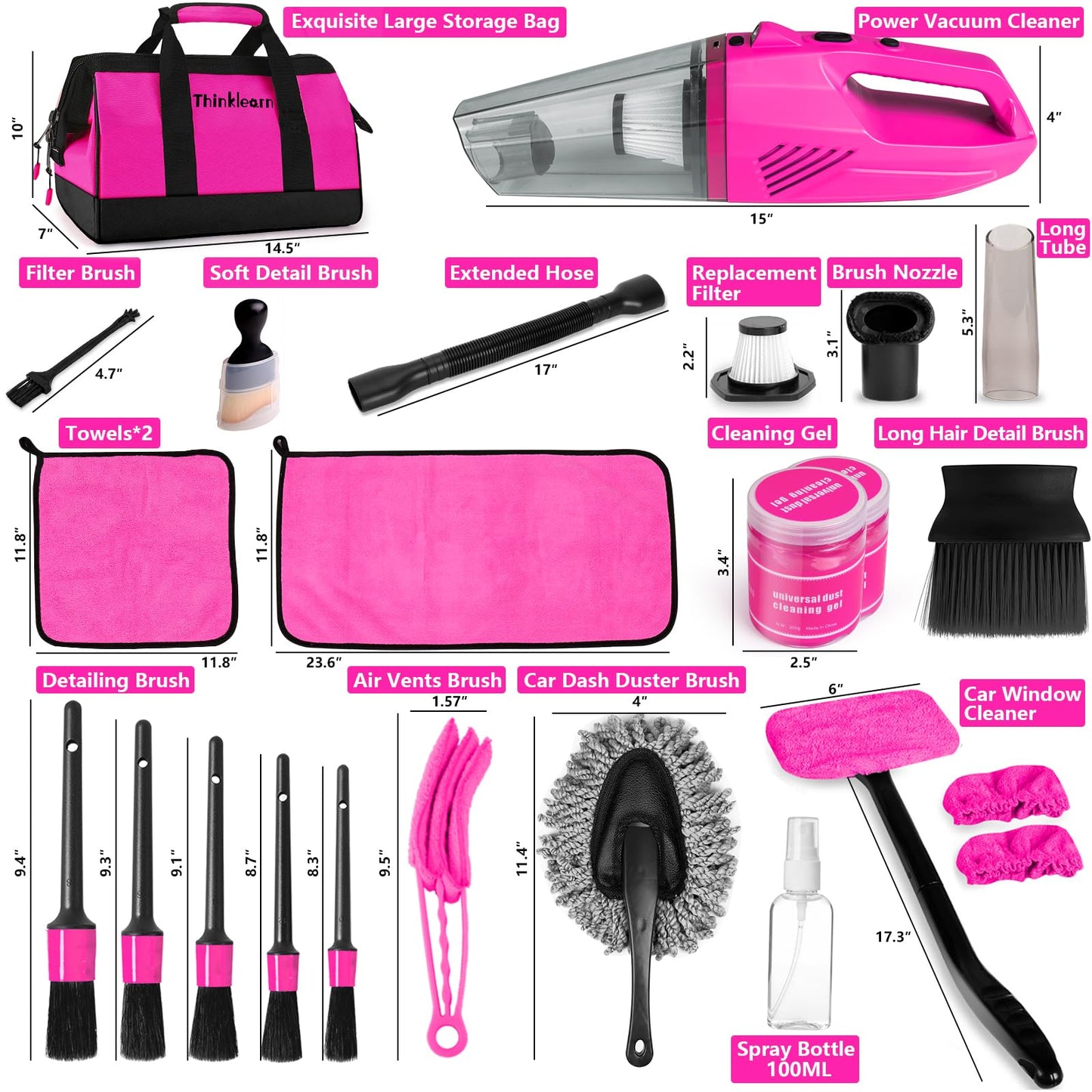 ThinkLearn Car Cleaning Kit, Car Vacuum Detailing Kit Interior with High Power Handheld Vacuum and 7Pcs Detailing Brush Set, Well-Designed Women's Pink Car Accessories Bag