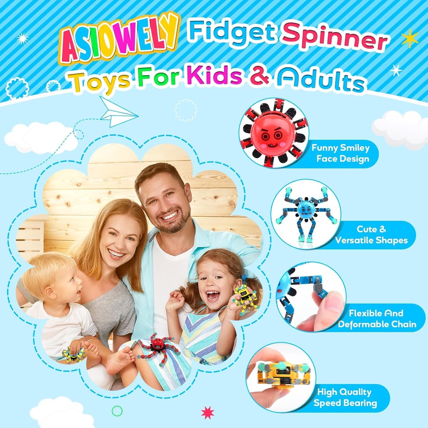 ASIOWELY Transformable Fidget Spinner Toys for Kids and Adults,4 PCS Easter Basket Stuffers Finger Sensory Toy for Teens with Autism ADHD Anxiety Relief,Birthdays Gifts for Boys Girl Travel Game