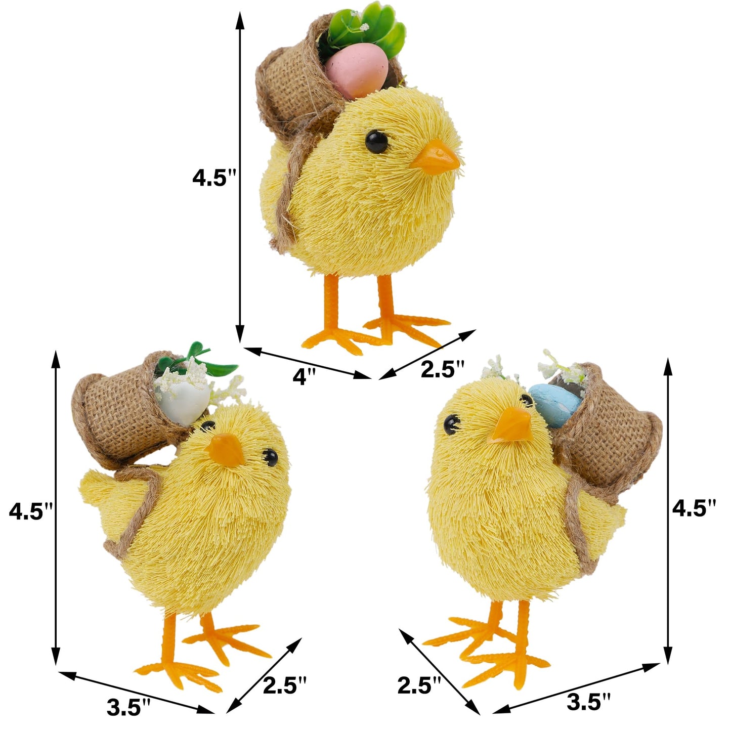 DR.DUDU Set of 3 Easter Decorations 4.5" Straw Chick Figurines with Egg Baskets, Realistic Baby Chick Tabletop Decor, Sisal Chicken Statue Farm Animal Spring Decor for Home Kitchen Office Farmhouse