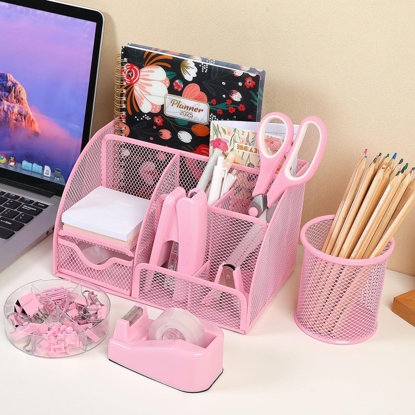 SKYDUE Pink Desk Accessories, Pink Office Supplies Set, Mesh Desk Organizer, Stapler, Tape Dispenser, Scissors, Binder/Paper Clips and 1000pcs Staples,Pink Desk Organizer for Women