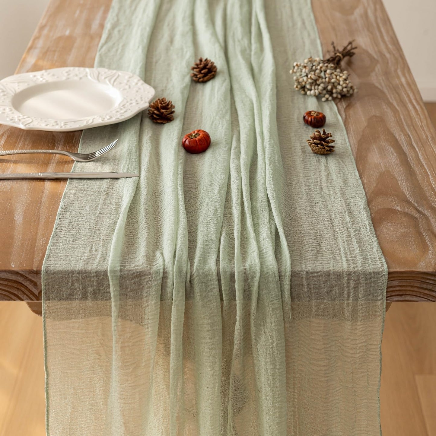 Keketo Sage Green Easter Table Runner Cheesecloth 120 Inch 10 FT Rustic Boho Cheese Cloth Table Runner for Wedding Baby Shower Bridal Shower Sheer Gauze Centerpiece Spring Home Decorations