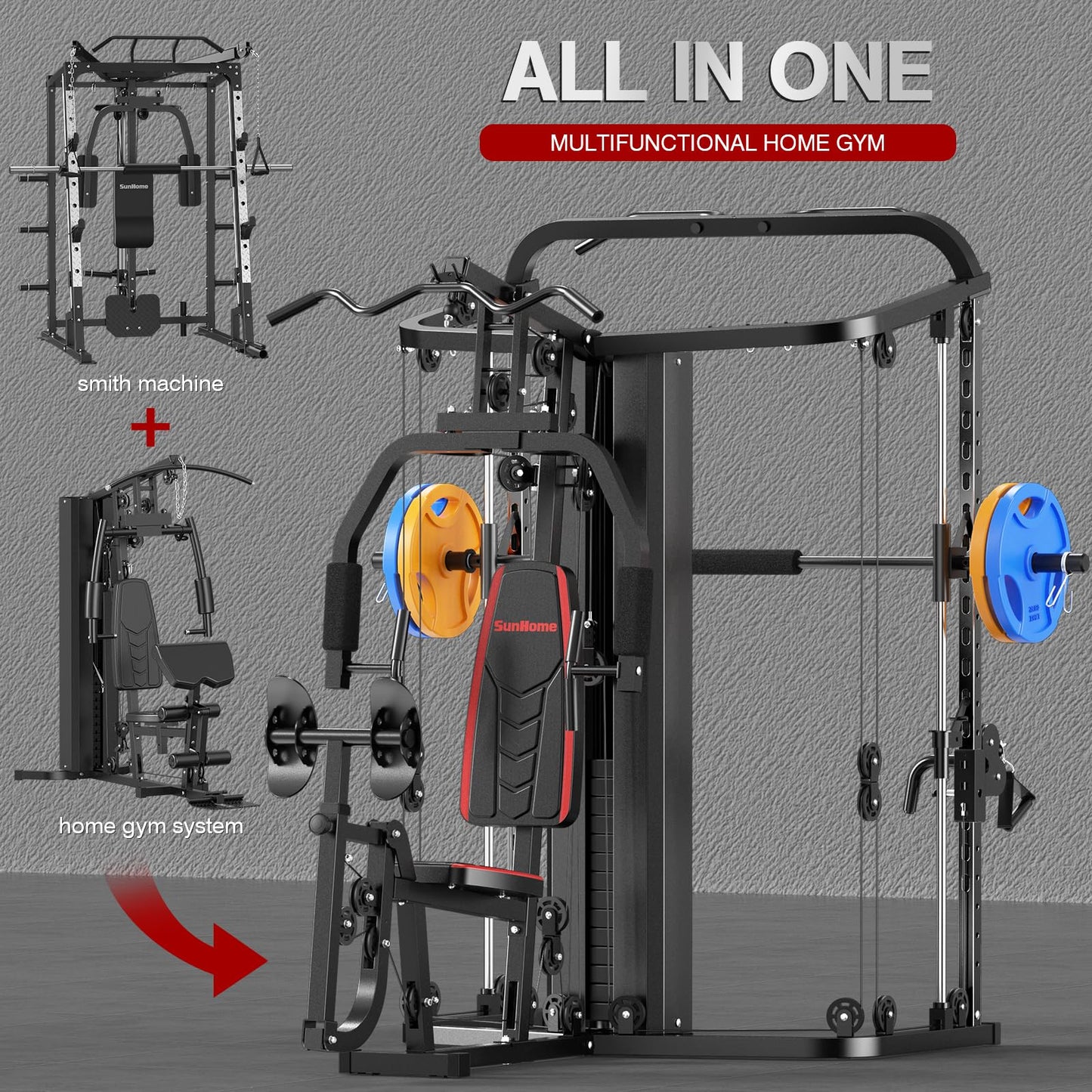 SunHome Multifunction Home Gym System Workout Station,Smith Machine with 138LB Weight Stack, Leg Press, LAT Station for Full Body Training