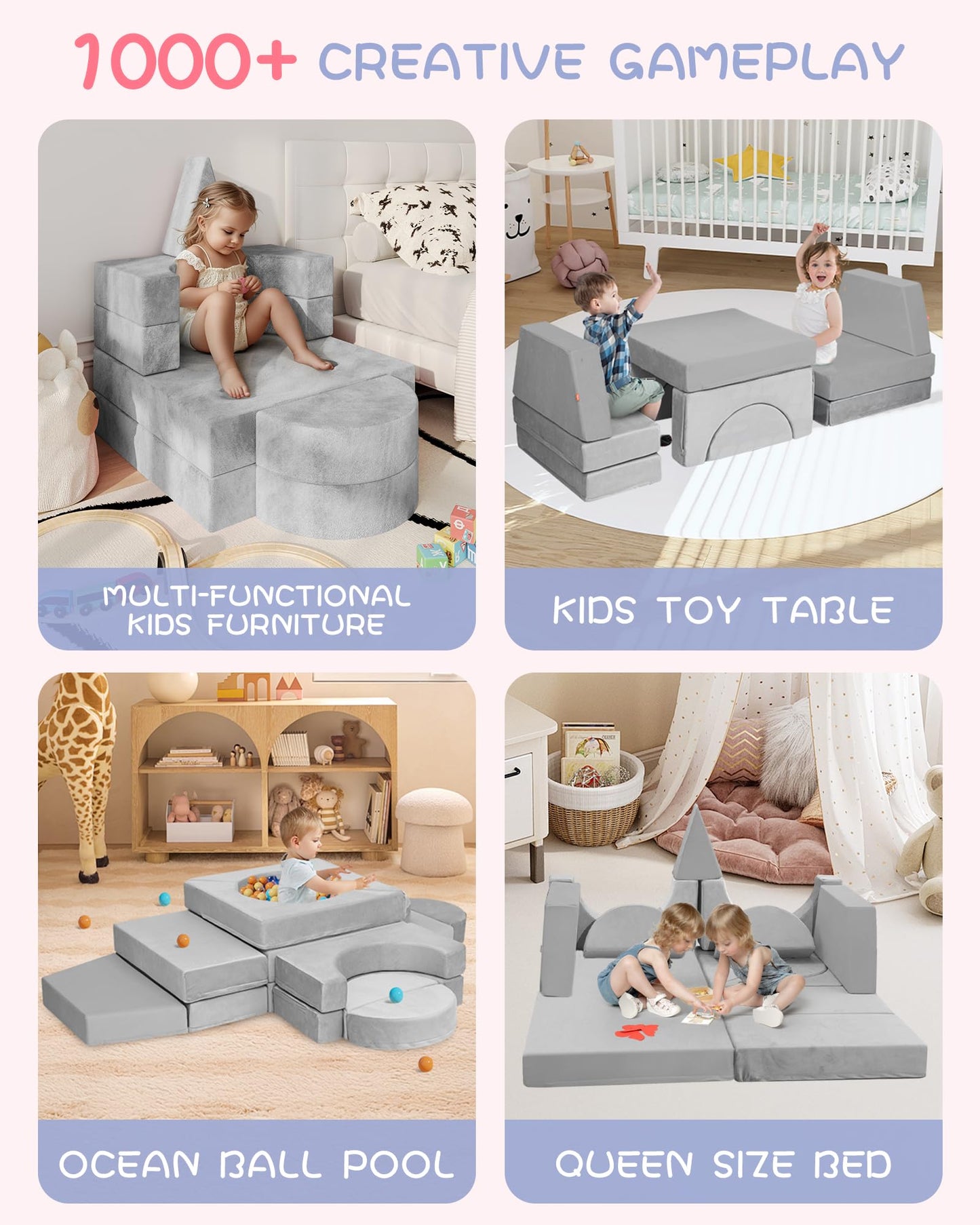 YEFU 15pcs Modular Kids Play Couch, Kids Couch for Toddler & Children, Toddler couches, Kid Couches Fort Building kit for Playroom Furniture, Kid Play Couches, Convertible Sofa for Boys & Girls, Grey