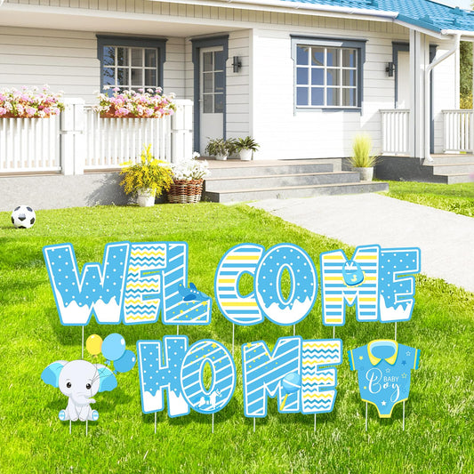 Welcome Home Baby Boy Decorations 7 Pieces Welcome Baby Boy Yard Sign with Stakes Blue Gender Reveal Lawn Sign for Baby Shower Party Supplies Newborn Announcement Outdoor Lawn Garden Yard Decor
