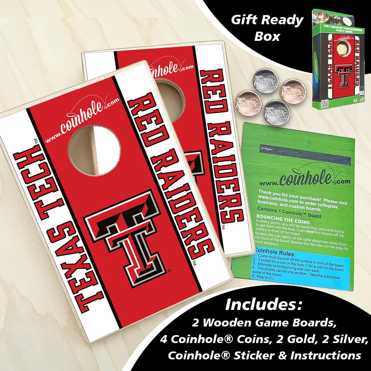 Coinhole Mini Cornhole Game Set | Officially Licensed College Texas Tech University Tabletop Cornhole Boards | Includes Coins for Game Play