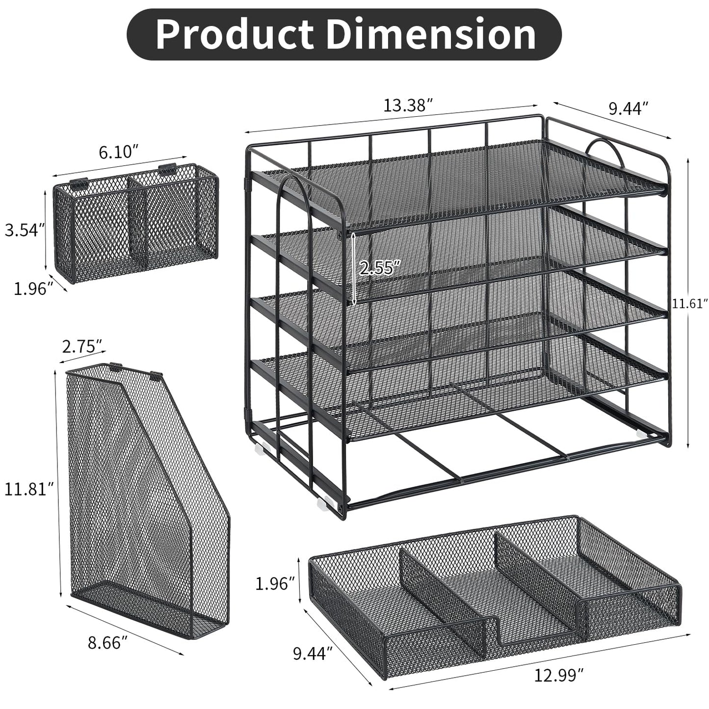 Youbetia Paper Tray Organizer with Mesh File Holder, 5 Tier Desk Accessories & Workspace Desk Organizers with Pen Holder, Office Desk Accessories Desktop Organization for Office Supplies (Black)
