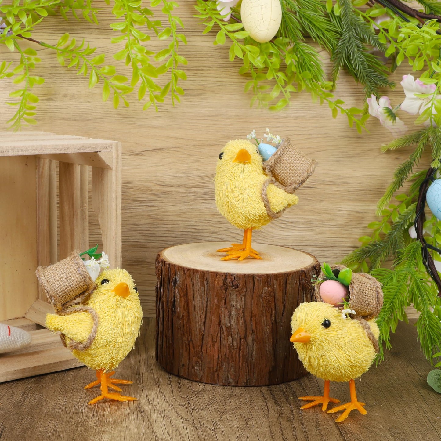DR.DUDU Set of 3 Easter Decorations 4.5" Straw Chick Figurines with Egg Baskets, Realistic Baby Chick Tabletop Decor, Sisal Chicken Statue Farm Animal Spring Decor for Home Kitchen Office Farmhouse