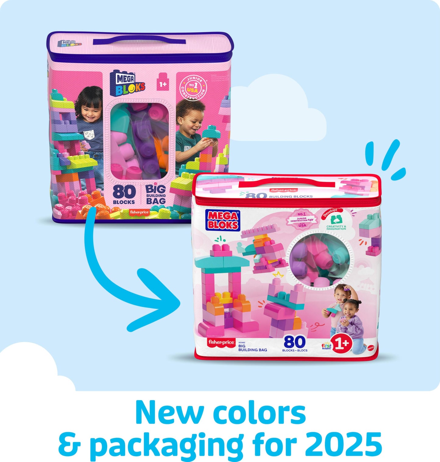 MEGA BLOKS First Builders Toddler Blocks Toys Set, Big Building Bag with 80 Pieces and Storage, Pink, Ages 1+ Years