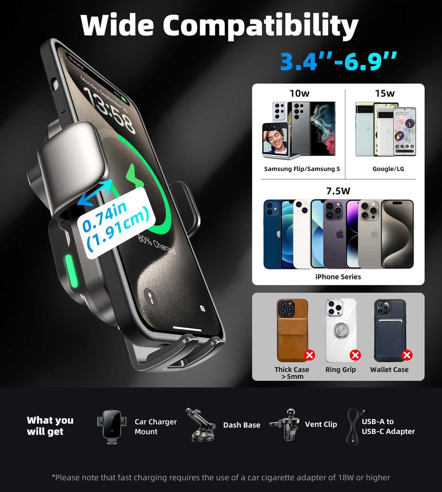 GuMosh Dual Coil 15W Car Phone Holder (Not Easy to Disconnect) Wireless Car Charger -Auto Clamping- Charging Phone Holders for Your Car Dash Vent Windshield, for Flip S24/S23/S22/S21, iPhone Series