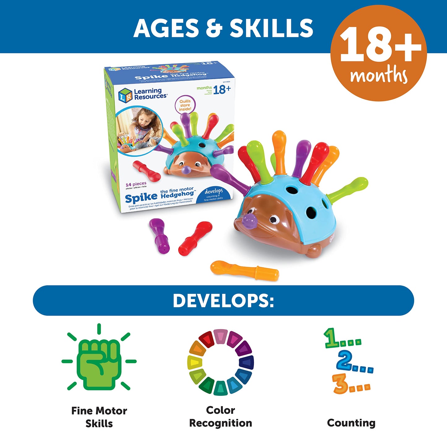 Learning Resources Spike The Fine Motor Hedgehog, Toddler Learning Toys, Fine Motor and Sensory Toys, Kids Easter Basket Stuffers, Ages 18+ Months,14 Pieces