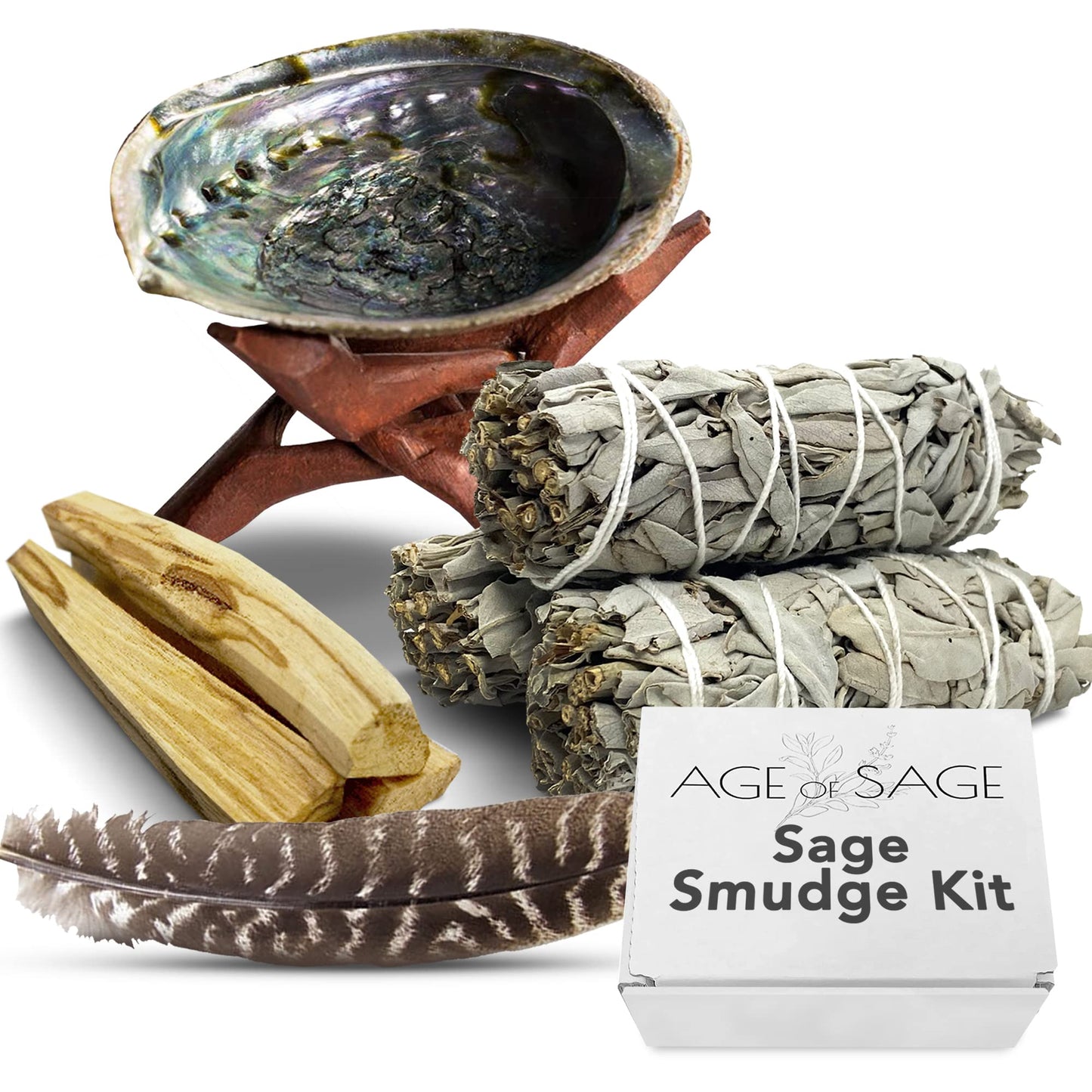 Age of Sage Smudge Kit - White Sage Incense Sticks, Palo Santo Pieces, Tripod Stand, Abalone Shell, Smudging Feather, Hand-Wrapped Sage Cleansing Bundle