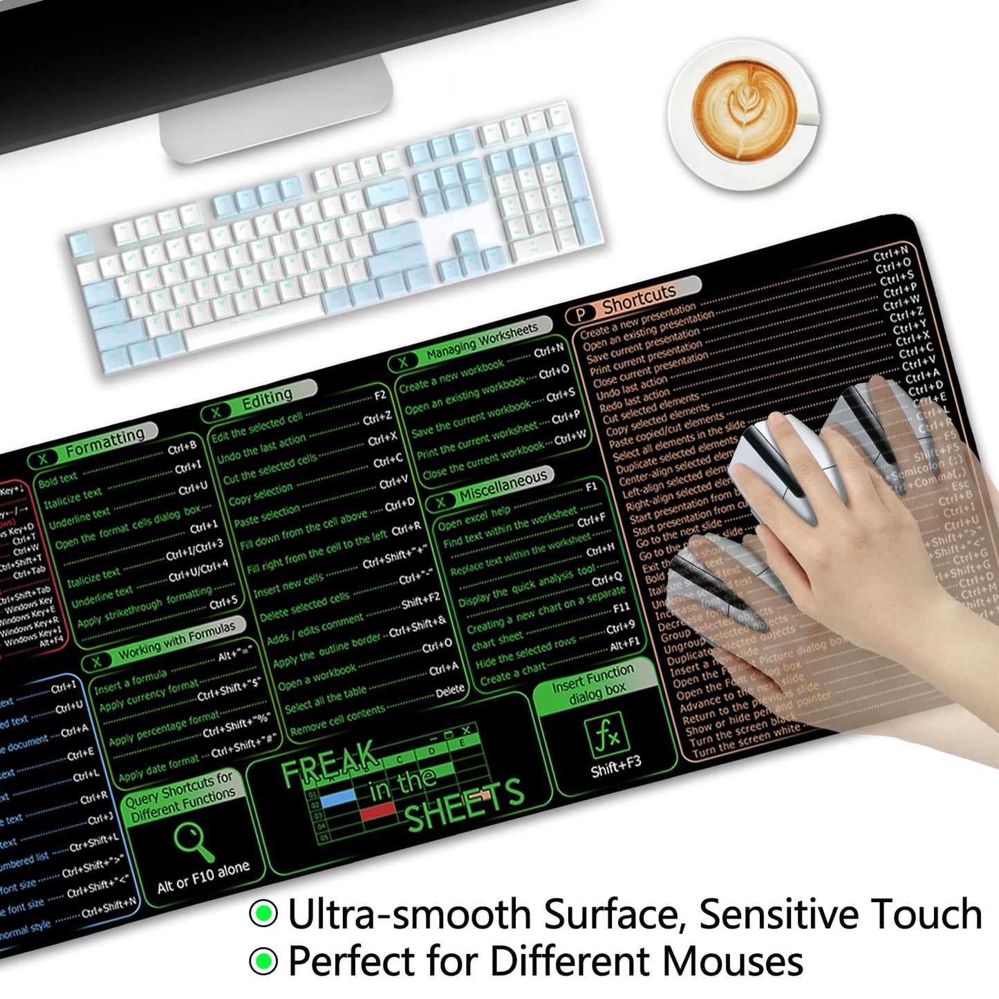 LIMKRIAN Office Software Excel Shortcuts Mouse Pad, Extended Large Cheat Sheet Mousepad, Mouse Pads for Desk Non-Slip, Keyboard Mouse Pad for Laptop Computer Work Office Desk Accessories 31.5x11.8 in