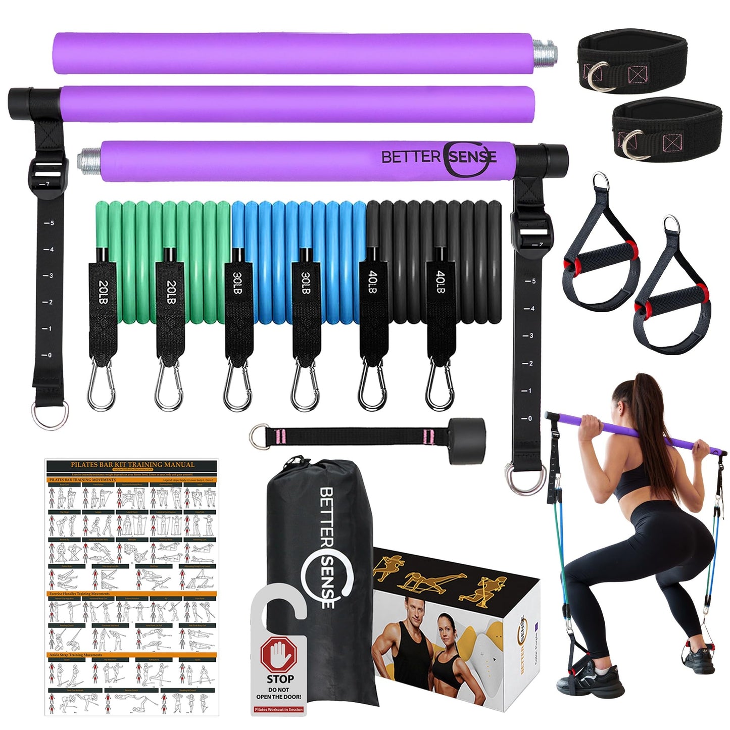 Pilates Bar Kit with Resistance Bands – Adjustable 39” Steel Bar & 6 Stackable Bands (40-180lbs), Full Body Pilates Kit for Home Workouts for Women & Men, Portable Pilates Reformer Strength Training